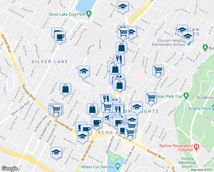 map of restaurants, bars, coffee shops, grocery stores, and more near 2217 Berkeley Avenue in Los Angeles