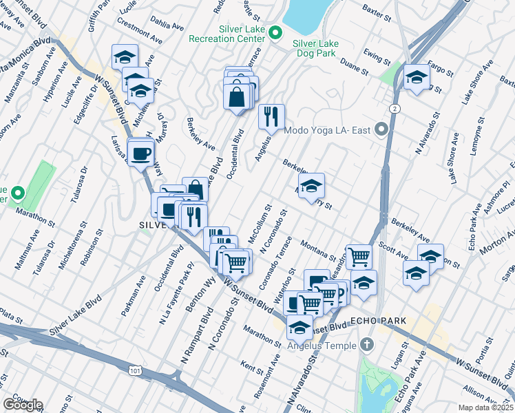 map of restaurants, bars, coffee shops, grocery stores, and more near 1446 North Benton Way in Los Angeles