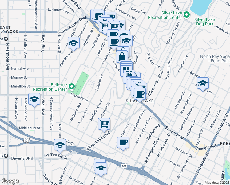map of restaurants, bars, coffee shops, grocery stores, and more near 3349 Descanso Drive in Los Angeles
