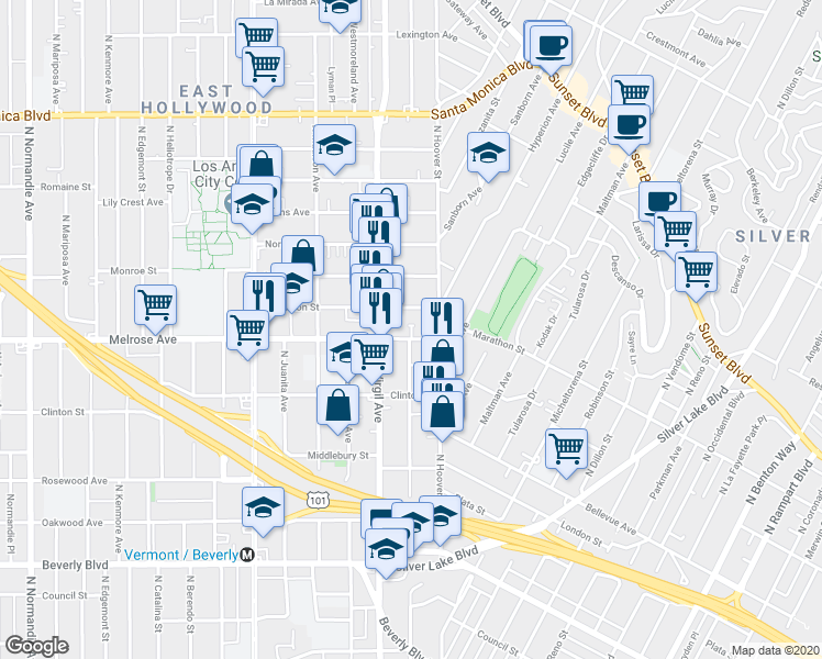 map of restaurants, bars, coffee shops, grocery stores, and more near 3926 Marathon Street in Los Angeles