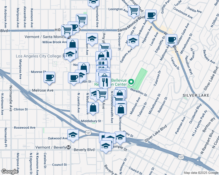map of restaurants, bars, coffee shops, grocery stores, and more near 3926 Marathon Street in Los Angeles