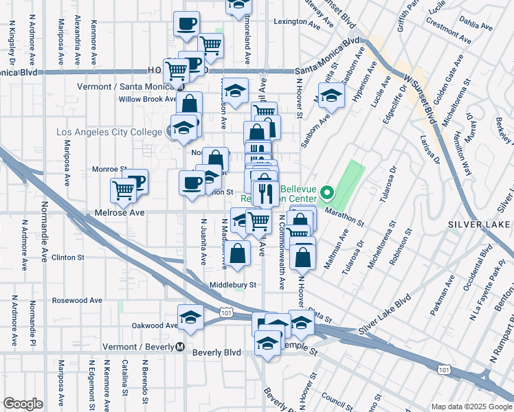 map of restaurants, bars, coffee shops, grocery stores, and more near 727 North Virgil Avenue in Los Angeles