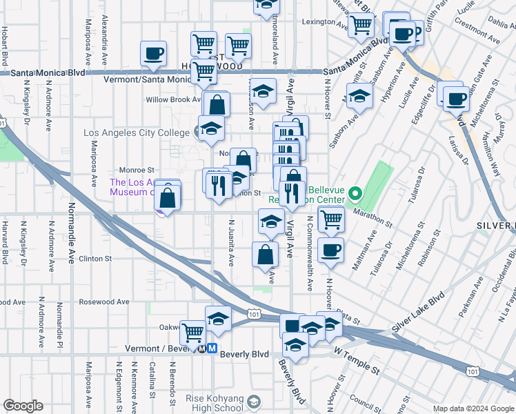 map of restaurants, bars, coffee shops, grocery stores, and more near 4044 Marathon Street in Los Angeles