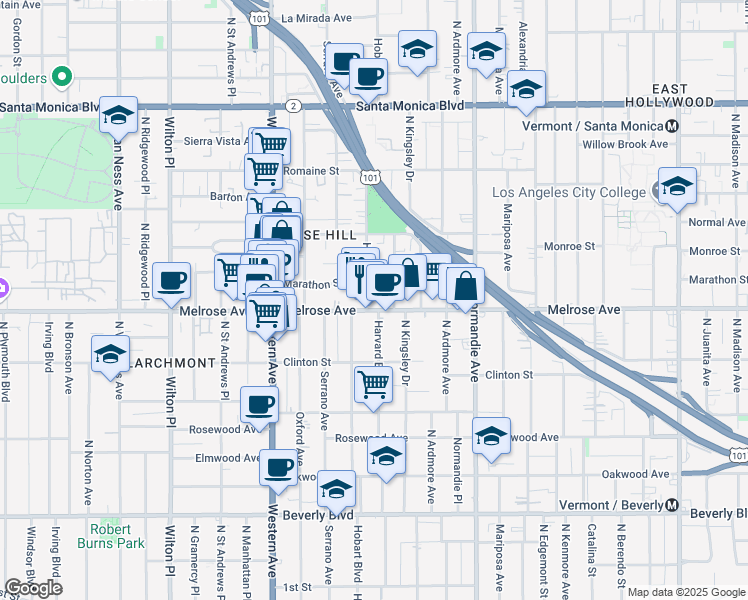 map of restaurants, bars, coffee shops, grocery stores, and more near 730 North Hobart Boulevard in Los Angeles