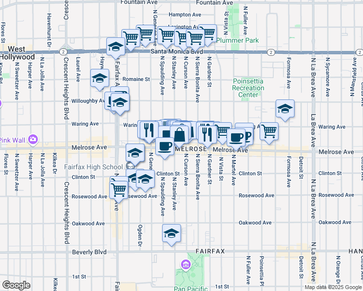 map of restaurants, bars, coffee shops, grocery stores, and more near 724 North Stanley Avenue in Los Angeles