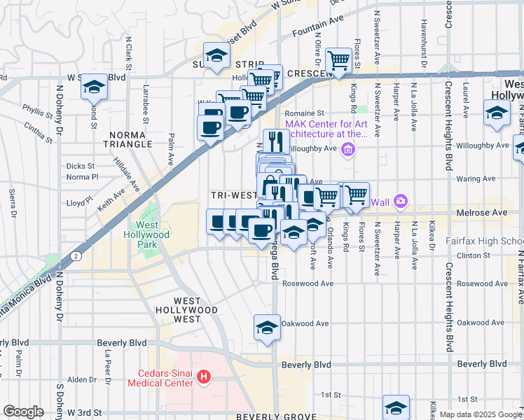 map of restaurants, bars, coffee shops, grocery stores, and more near 8510 Sherwood Drive in Los Angeles