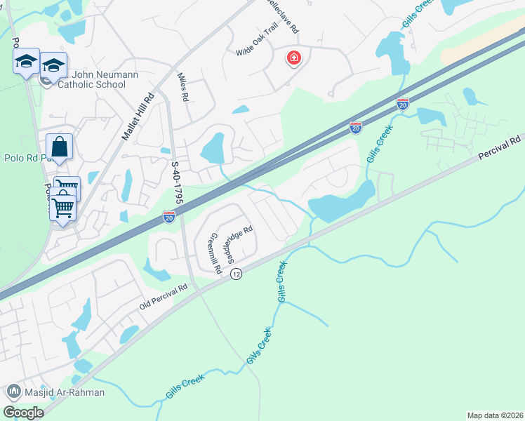 map of restaurants, bars, coffee shops, grocery stores, and more near 3615 Percival Road in Columbia