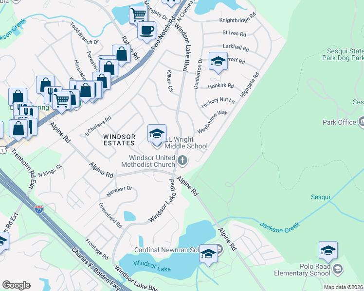 map of restaurants, bars, coffee shops, grocery stores, and more near 9614 Windsor Lake Boulevard in Columbia