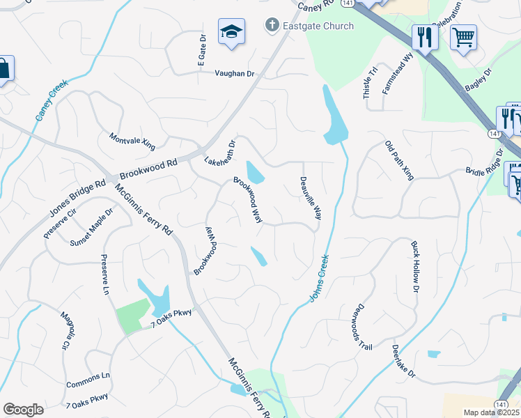 map of restaurants, bars, coffee shops, grocery stores, and more near 7545 Brookwood Way in Cumming