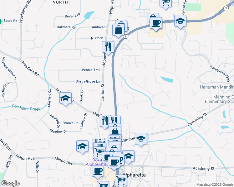 map of restaurants, bars, coffee shops, grocery stores, and more near 301 North Main Street in Alpharetta