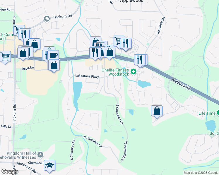 map of restaurants, bars, coffee shops, grocery stores, and more near 213 Roseman Way in Woodstock
