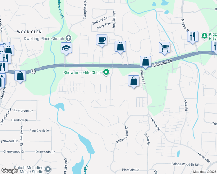map of restaurants, bars, coffee shops, grocery stores, and more near 1118 Rook Place in Woodstock