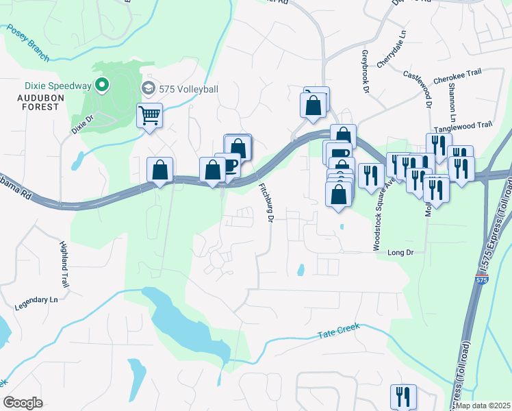 map of restaurants, bars, coffee shops, grocery stores, and more near 323 Hayden Circle in Woodstock