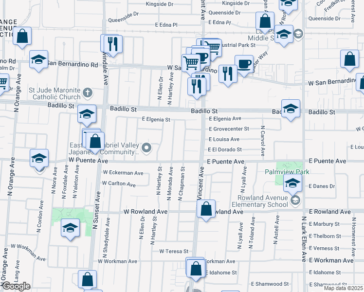 map of restaurants, bars, coffee shops, grocery stores, and more near 735 North Greenberry Avenue in West Covina