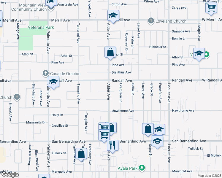 map of restaurants, bars, coffee shops, grocery stores, and more near 9359 Alder Avenue in Fontana