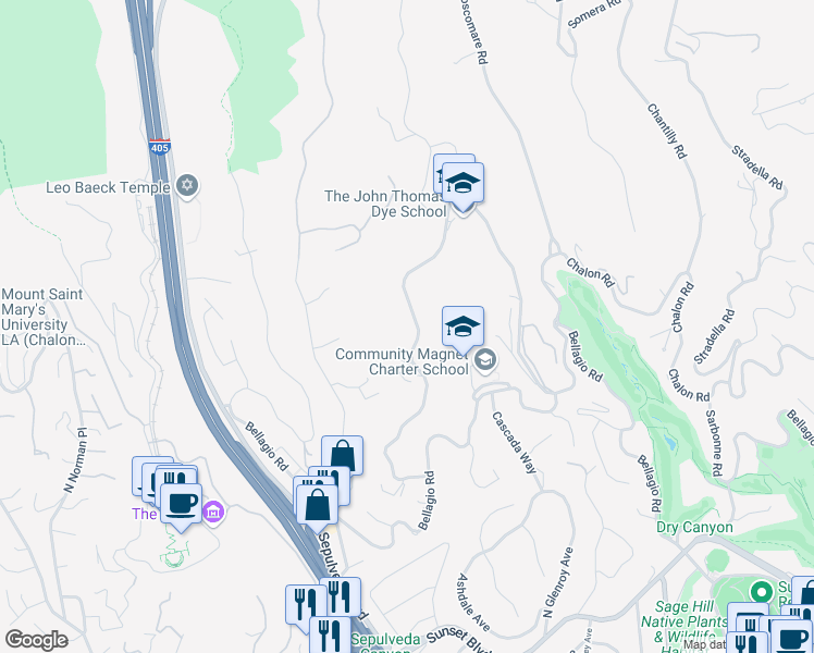 map of restaurants, bars, coffee shops, grocery stores, and more near 903 Linda Flora Drive in Los Angeles