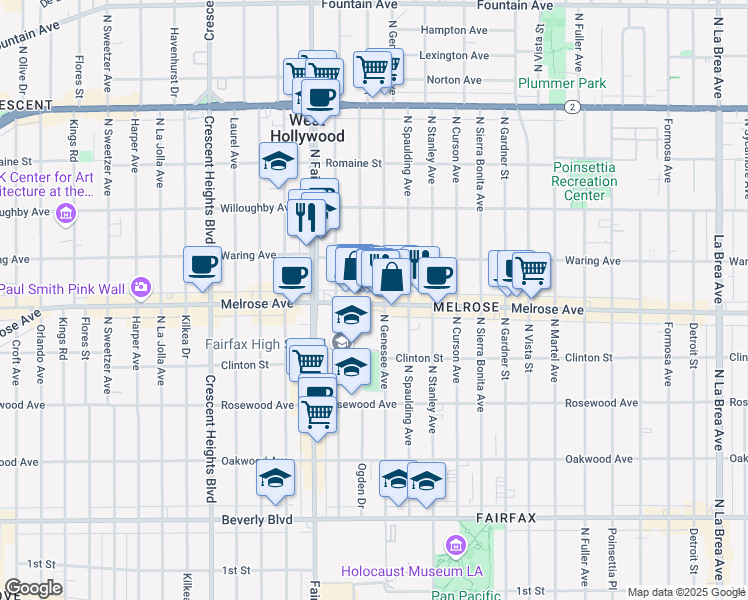 map of restaurants, bars, coffee shops, grocery stores, and more near 720 North Ogden Drive in Los Angeles