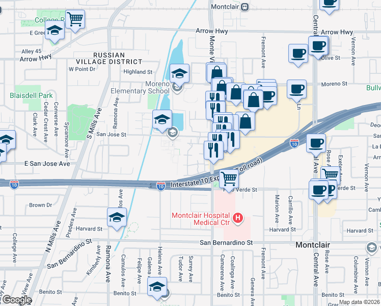 map of restaurants, bars, coffee shops, grocery stores, and more near 9341 Shadowood Drive in Montclair
