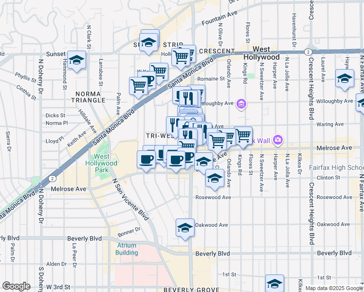 map of restaurants, bars, coffee shops, grocery stores, and more near 8510 Sherwood Drive in Los Angeles