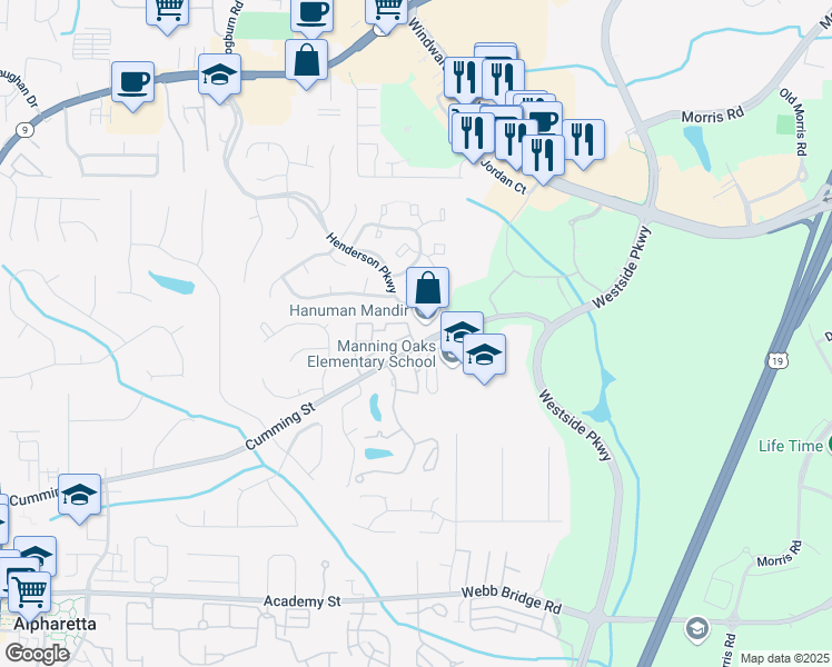 map of restaurants, bars, coffee shops, grocery stores, and more near 1702 Cotton Patch Lane in Alpharetta