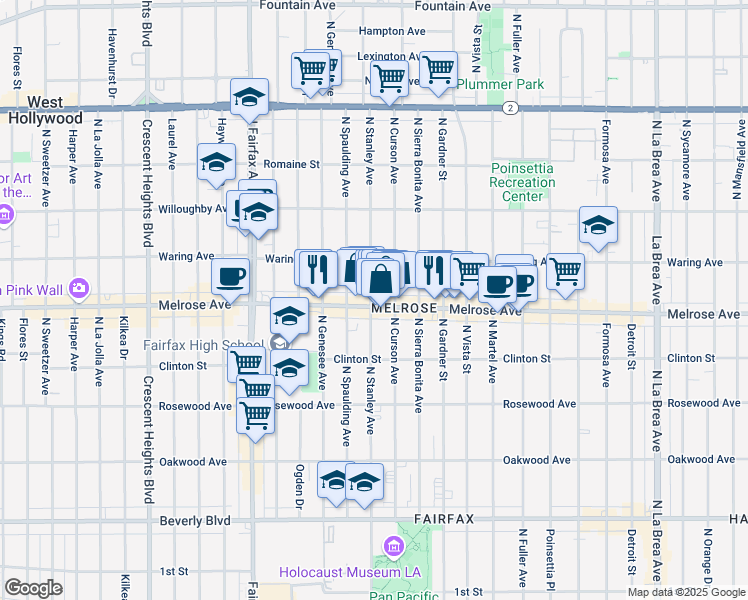 map of restaurants, bars, coffee shops, grocery stores, and more near 724 North Stanley Avenue in Los Angeles