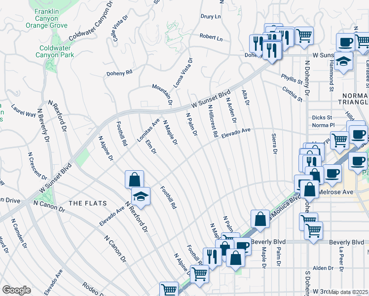 map of restaurants, bars, coffee shops, grocery stores, and more near 706 North Maple Drive in Beverly Hills