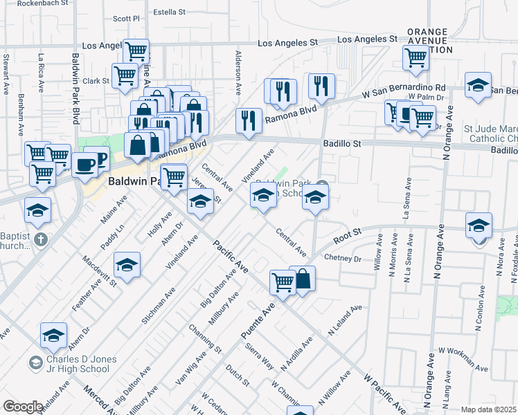 map of restaurants, bars, coffee shops, grocery stores, and more near 3885 Big Dalton Avenue in Baldwin Park