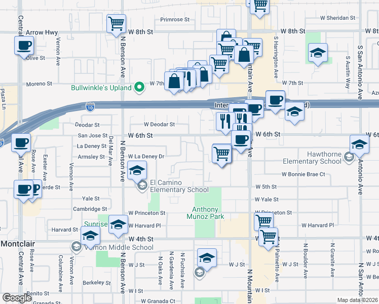 map of restaurants, bars, coffee shops, grocery stores, and more near 1422 North Gardenia Avenue in Ontario