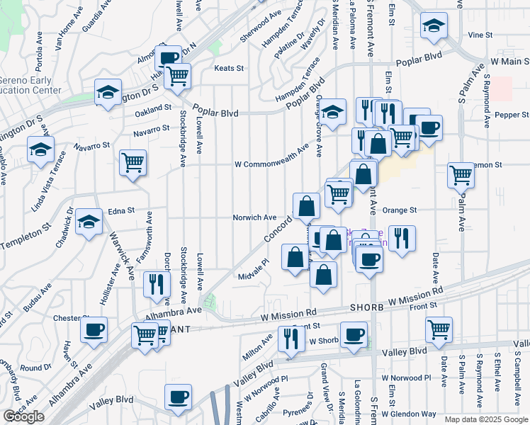 map of restaurants, bars, coffee shops, grocery stores, and more near 822 Winthrop Drive in Alhambra