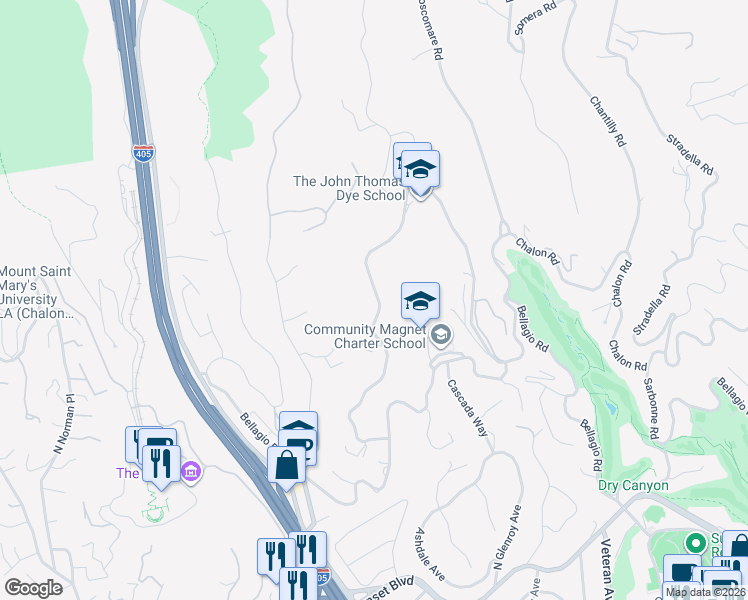 map of restaurants, bars, coffee shops, grocery stores, and more near 903 Linda Flora Drive in Los Angeles