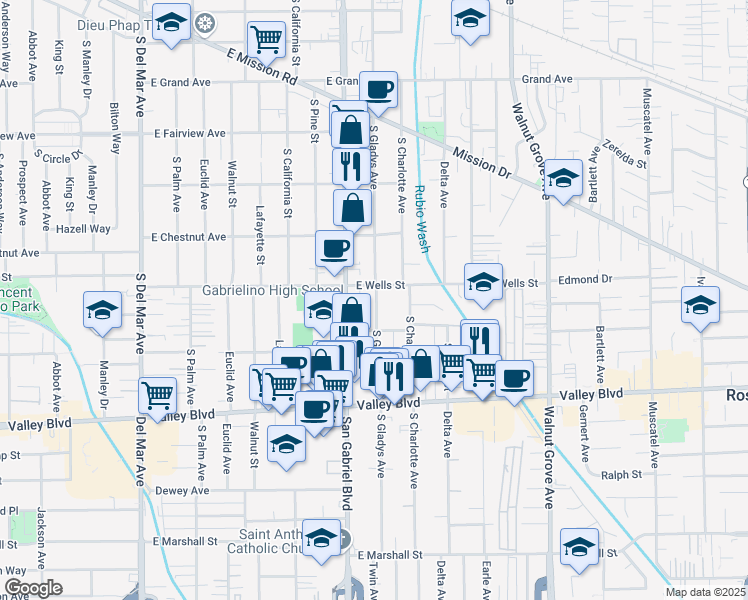 map of restaurants, bars, coffee shops, grocery stores, and more near 1315 South Gladys Avenue in San Gabriel