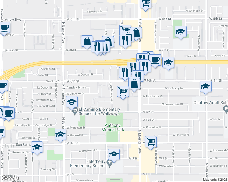 map of restaurants, bars, coffee shops, grocery stores, and more near 1448 North Elderberry Avenue in Ontario