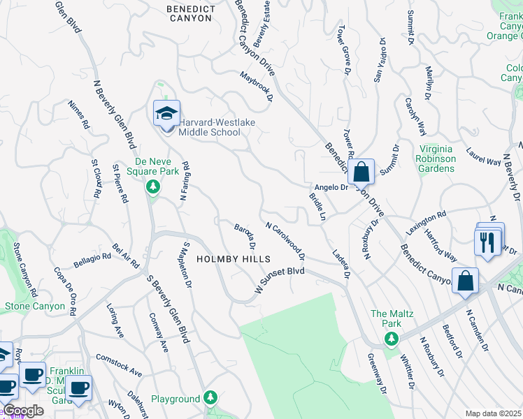 map of restaurants, bars, coffee shops, grocery stores, and more near 300 North Carolwood Drive in Los Angeles