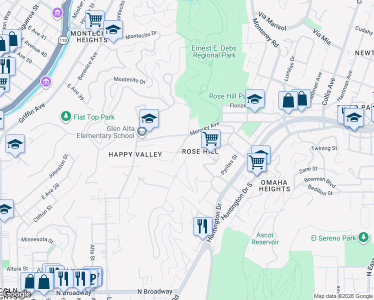 map of restaurants, bars, coffee shops, grocery stores, and more near Raynol Street in Los Angeles
