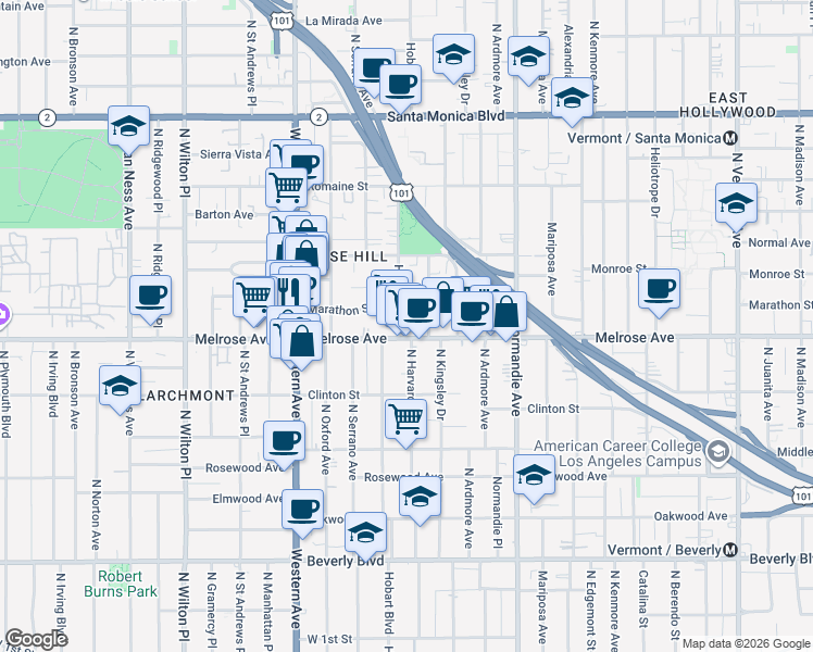 map of restaurants, bars, coffee shops, grocery stores, and more near 712 North Hobart Boulevard in Los Angeles