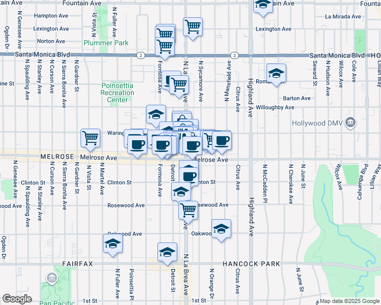 map of restaurants, bars, coffee shops, grocery stores, and more near 730 North La Brea Avenue in Los Angeles