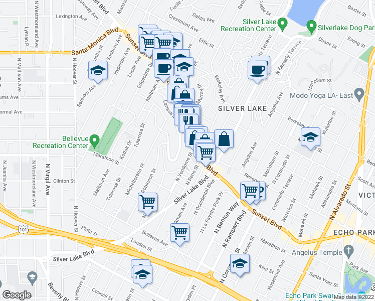 map of restaurants, bars, coffee shops, grocery stores, and more near 3110 Sunset Boulevard in Los Angeles