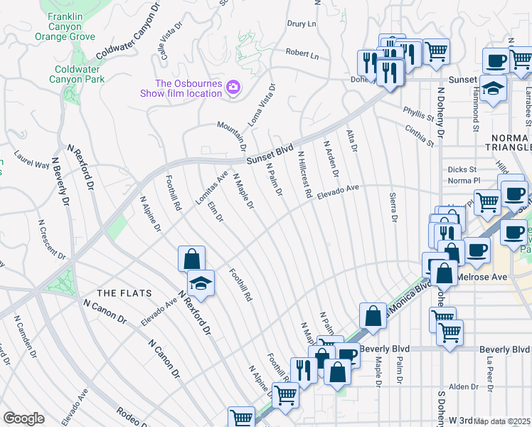map of restaurants, bars, coffee shops, grocery stores, and more near 706 North Maple Drive in Beverly Hills