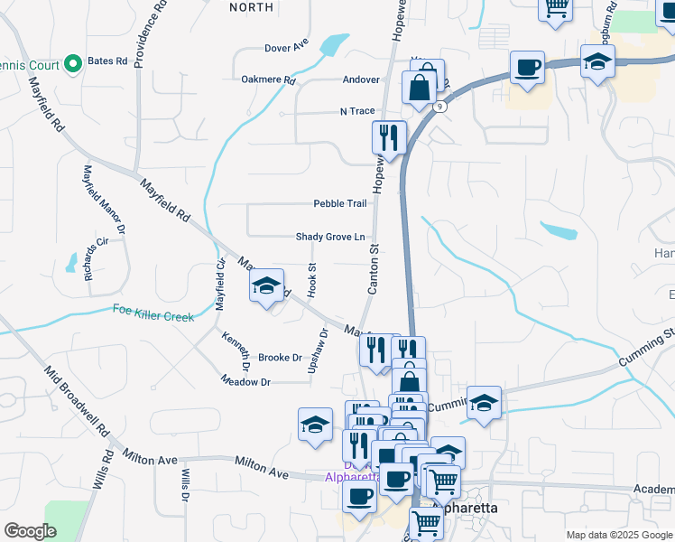 map of restaurants, bars, coffee shops, grocery stores, and more near 2165 Canton View in Alpharetta
