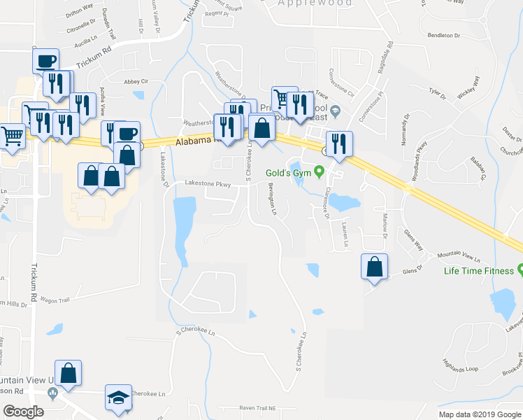 map of restaurants, bars, coffee shops, grocery stores, and more near 213 Roseman Way in Woodstock
