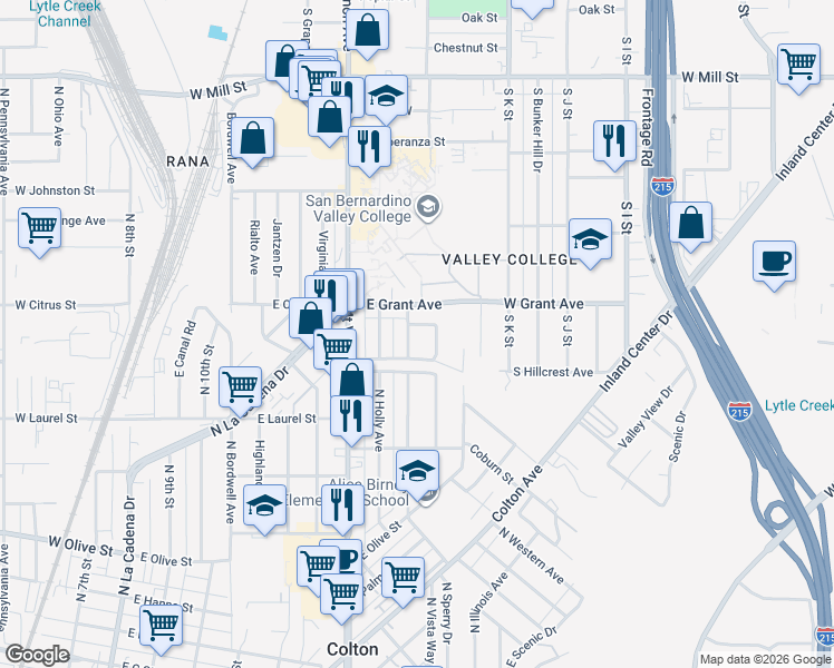 map of restaurants, bars, coffee shops, grocery stores, and more near 1452 North Fairview Avenue in Colton