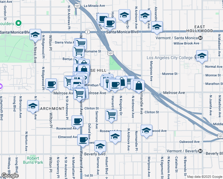 map of restaurants, bars, coffee shops, grocery stores, and more near 712 North Hobart Boulevard in Los Angeles