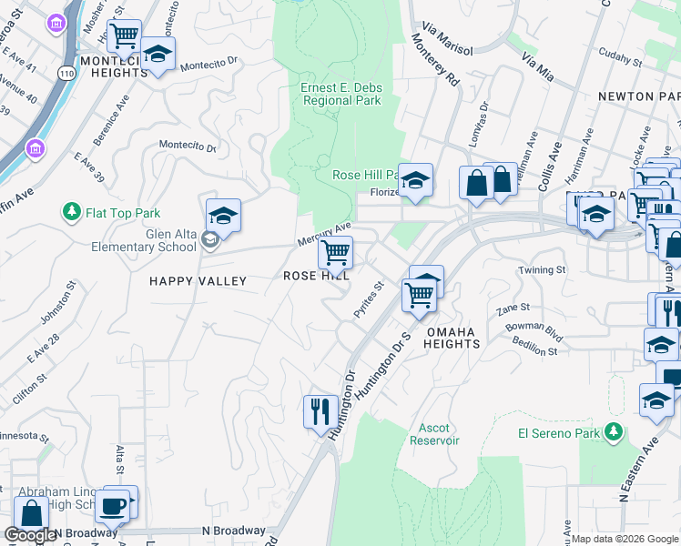 map of restaurants, bars, coffee shops, grocery stores, and more near 4527 East Rose Hill Drive in Los Angeles