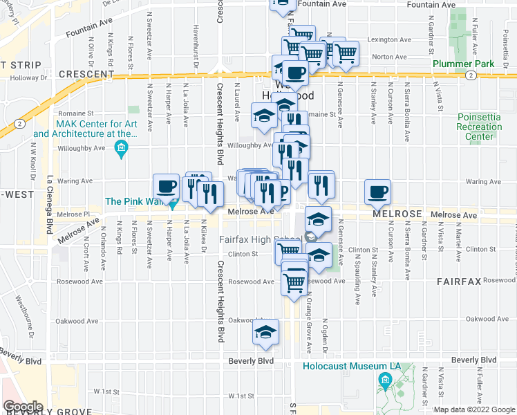 map of restaurants, bars, coffee shops, grocery stores, and more near 720 North Edinburgh Avenue in Los Angeles