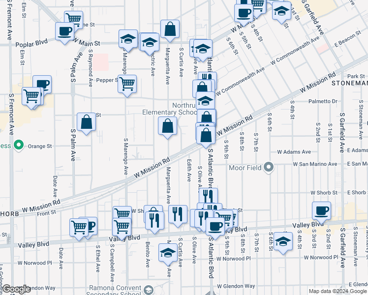map of restaurants, bars, coffee shops, grocery stores, and more near 528 South Curtis Avenue in Alhambra