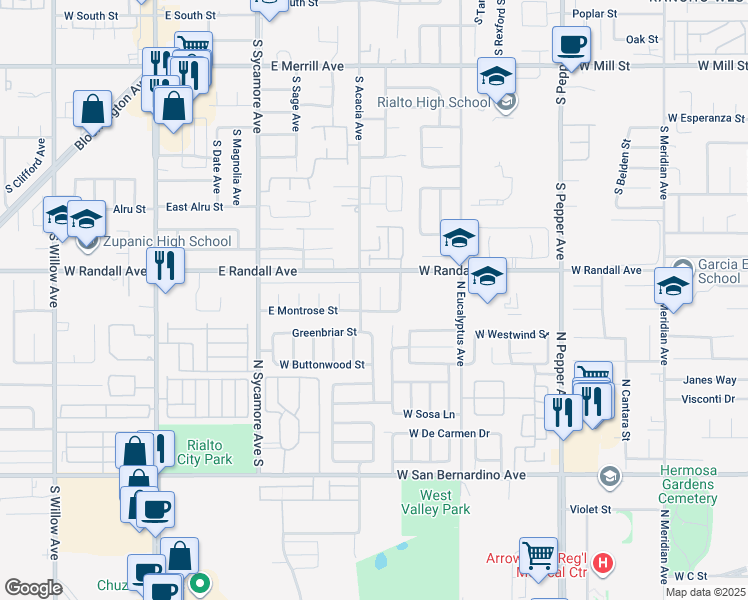 map of restaurants, bars, coffee shops, grocery stores, and more near 956 South Encina Avenue in Rialto