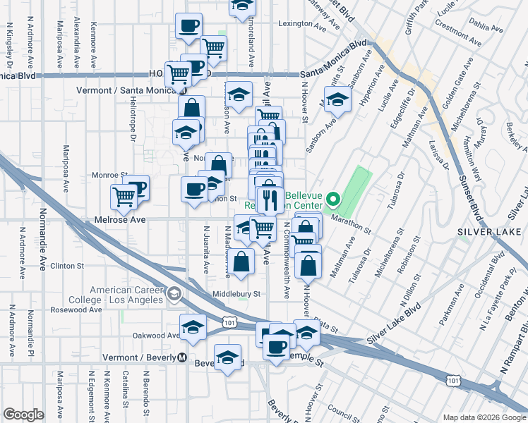 map of restaurants, bars, coffee shops, grocery stores, and more near 727 North Virgil Avenue in Los Angeles