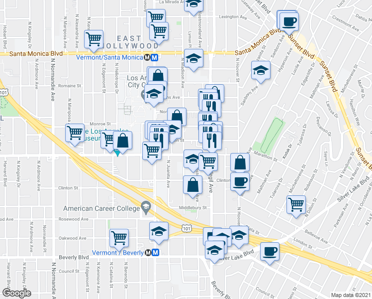 map of restaurants, bars, coffee shops, grocery stores, and more near 4044 Marathon Street in Los Angeles
