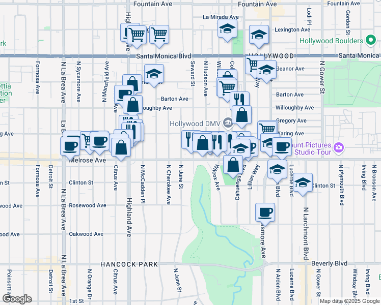 map of restaurants, bars, coffee shops, grocery stores, and more near 733 Seward Street in Los Angeles