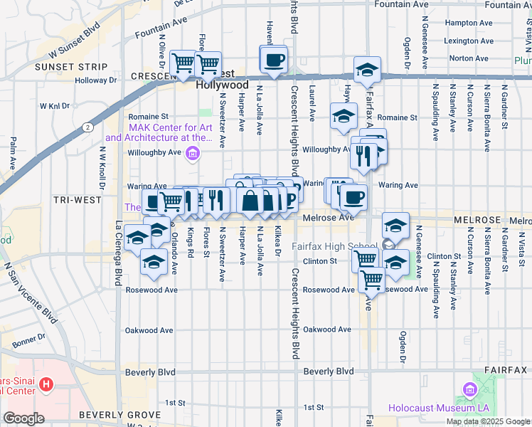 map of restaurants, bars, coffee shops, grocery stores, and more near 726 North La Jolla Avenue in Los Angeles